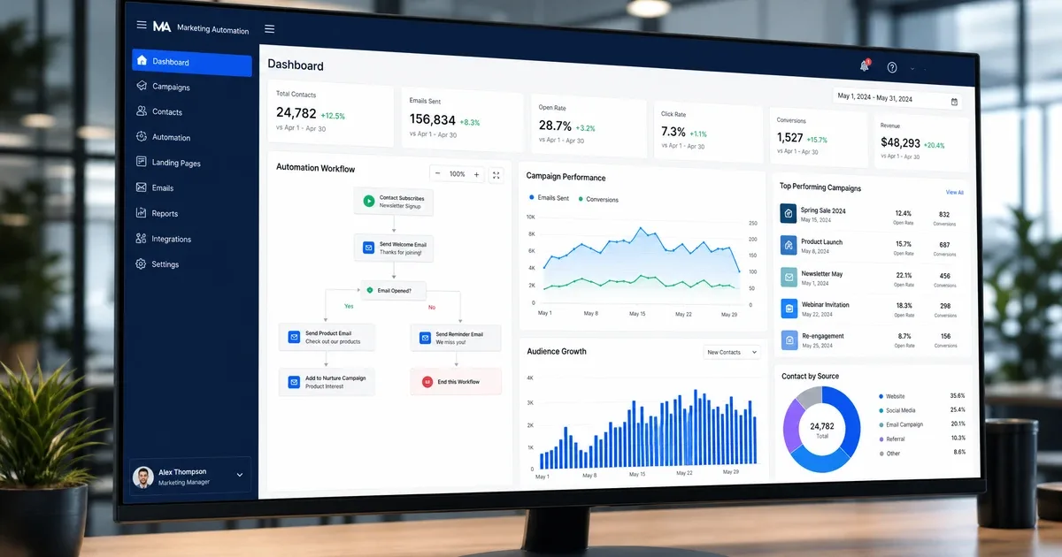 Dashboard de automatización de marketing digital mostrando flujos de trabajo y métricas