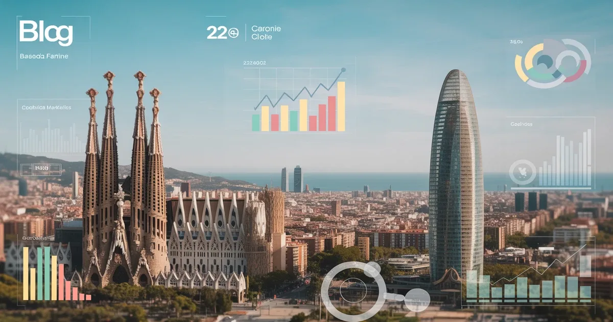 Skyline de Barcelona con la Sagrada Familia, Torre Glòries y elementos de marketing digital