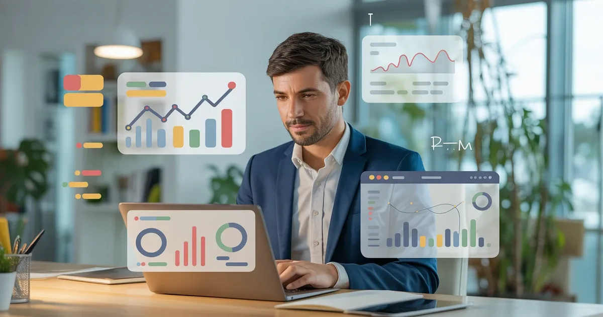 Empresario español trabajando en su laptop con gráficos de crecimiento digital