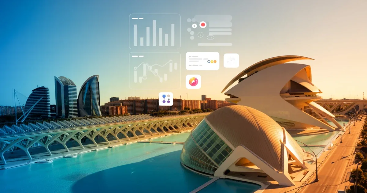 Skyline de Valencia con la Ciudad de las Artes y las Ciencias y elementos de marketing digital