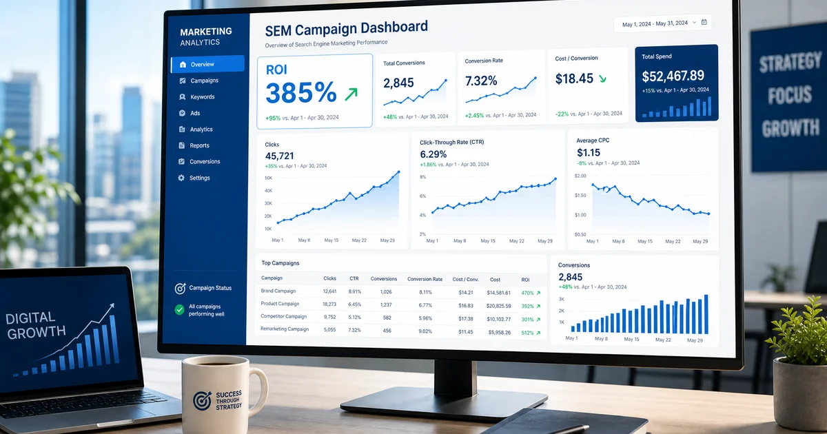 Dashboard de marketing digital mostrando métricas de una campaña SEM exitosa con gráficos ascendentes