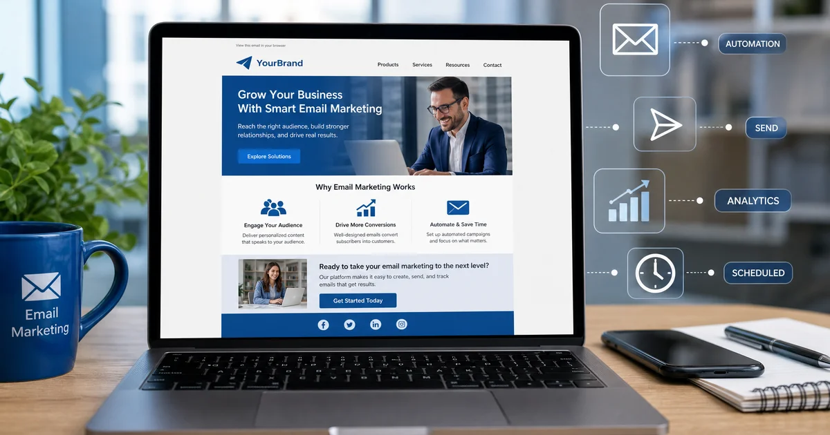 Portátil mostrando diseño de newsletter profesional con iconos de automatización de email marketing