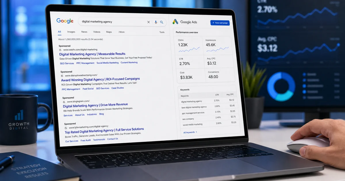 Pantalla de ordenador mostrando el panel de Google Ads con métricas de campaña para pymes