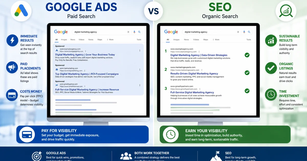 Comparativa visual entre Google Ads y SEO mostrando resultados de pago y orgánicos en buscadores