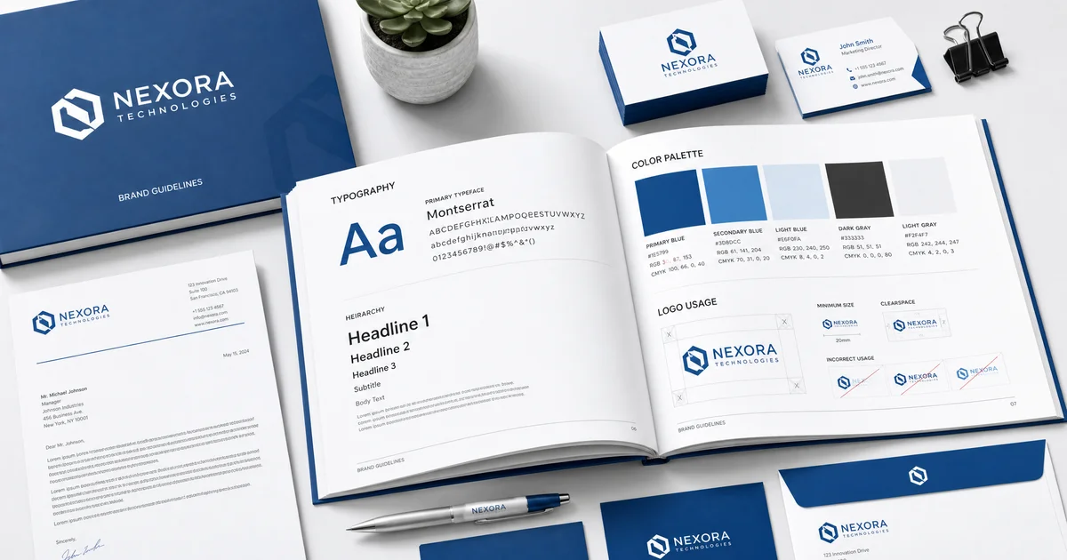 Manual de identidad corporativa mostrando guía de marca con tipografía, colores y logo