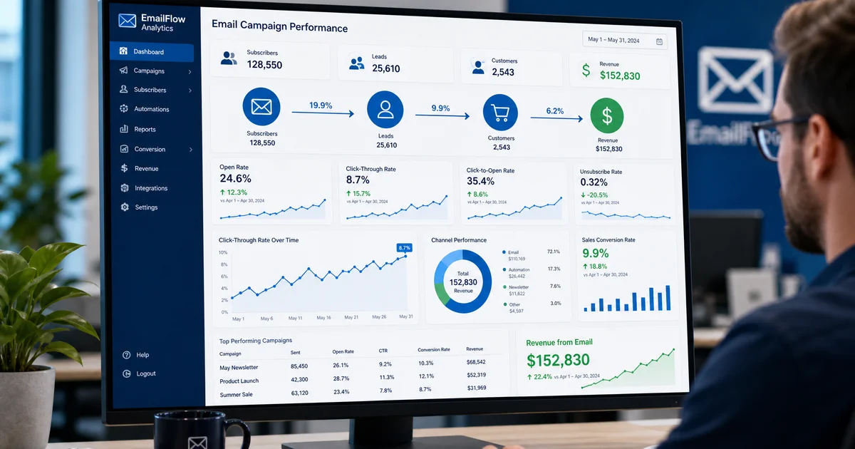 Dashboard de email marketing mostrando embudo de conversión de suscriptores a ventas