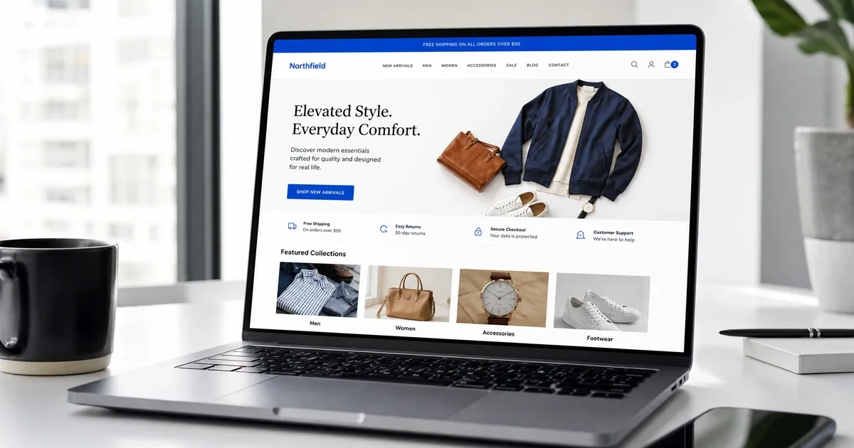 Portátil mostrando tienda online profesional con diseño moderno de ecommerce
