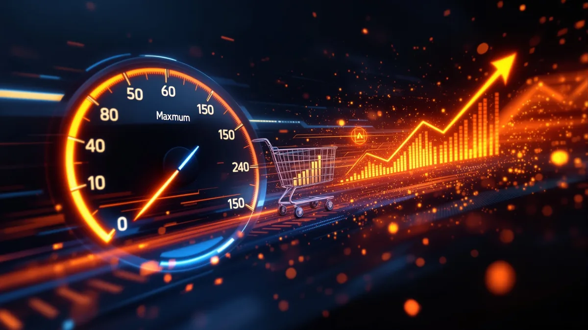 Velocímetro digital mostrando alta velocidad de carga web junto a métricas de conversión