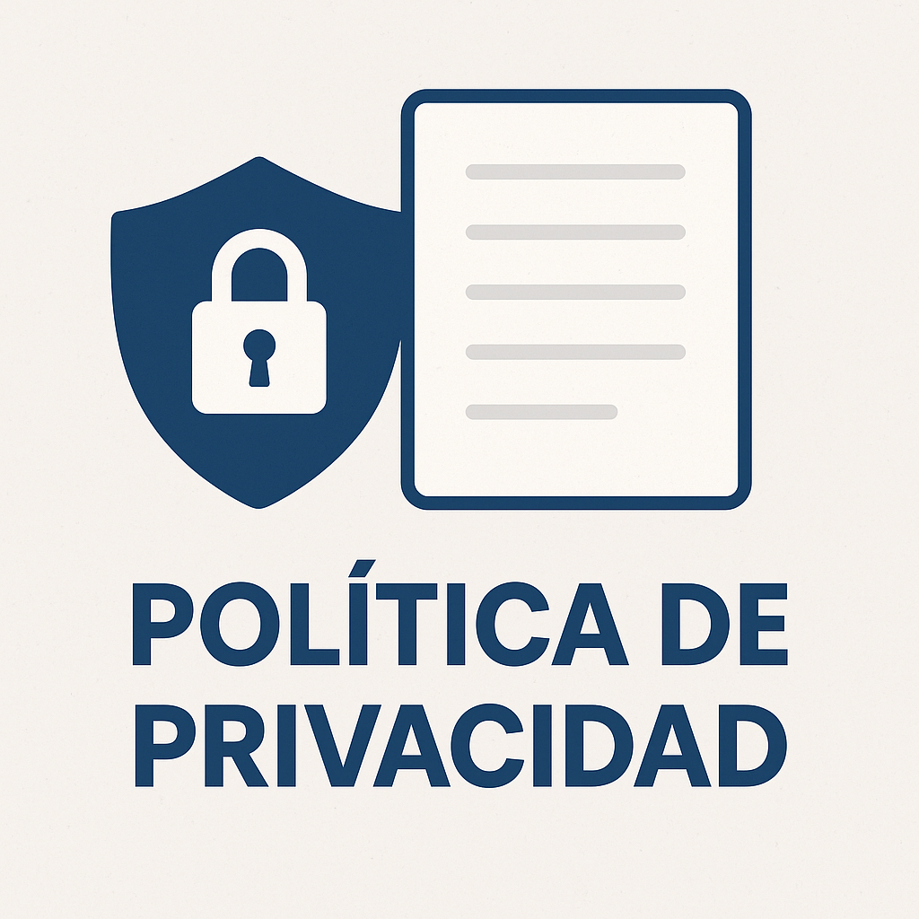 Icono de documento con candado junto al texto “Política de Privacidad” en diseño plano y fondo claro