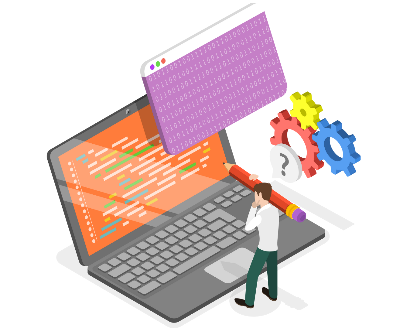 Ilustración de desarrollo web con laptop, código y engranajes