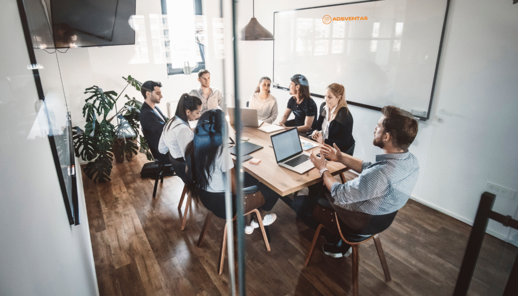 Equipo de trabajo reunido en una sala de reuniones planificando estrategias digitales