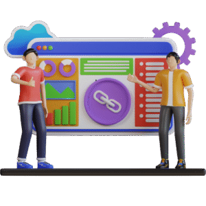 Ilustración 3D de dos personas frente a un panel de analítica web y enlaces, representando colaboración en redes sociales y SEO.