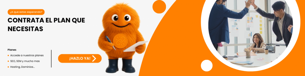 Banner de AdsVentas con mascota naranja, llamada a la acción y equipo celebrando en oficina