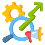 Icono CRM con engranaje, lupa, flecha de crecimiento y megáfono representando marketing automatizado y análisis de ventas.