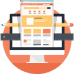 Ilustración de diseño web con ordenador, reglas y lápiz representando desarrollo y estructura de una página.