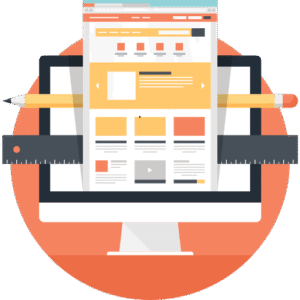 Ilustración de diseño web con ordenador, reglas y lápiz representando desarrollo y estructura de una página.