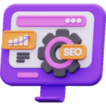 Ilustración 3D de configuración SEO en una pantalla digital con iconos de estadísticas y optimización web.