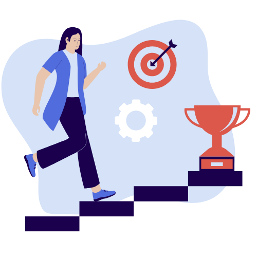 Ilustración de una persona subiendo escalones hacia un trofeo con iconos de objetivo y engranaje – AdsVentas.com