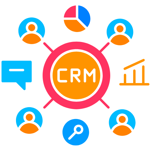 Icono de CRM con conexiones a clientes, comunicación y análisis de datos