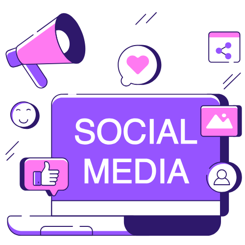 Ilustración de social media en laptop con iconos de me gusta, compartir y seguidores