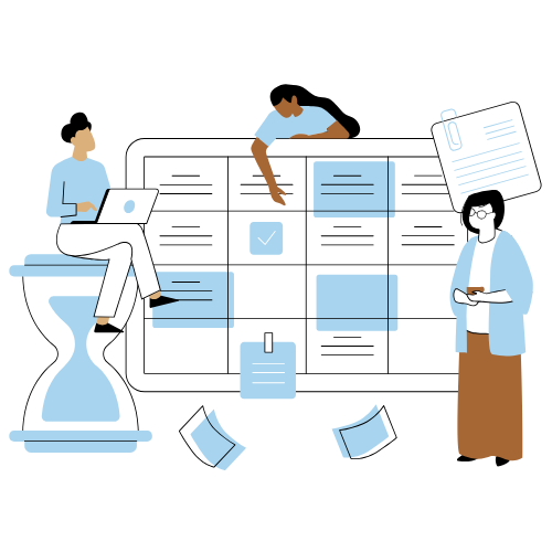 Ilustración de un equipo gestionando campañas en un calendario digital con elementos de planificación – AdsVentas.com