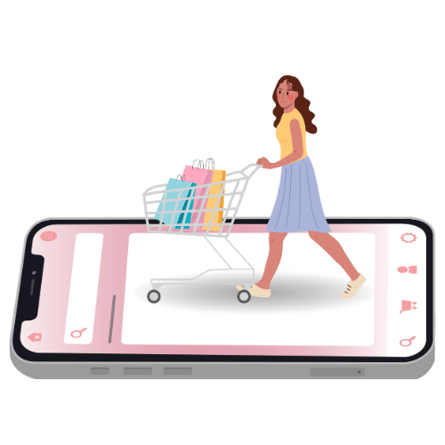 Ilustración de una persona empujando un carrito de compras emergiendo de un teléfono móvil
