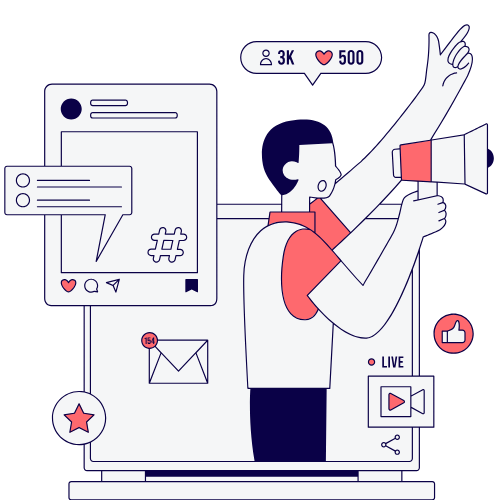 Ilustración de un community manager con megáfono emergiendo de una pantalla, mostrando métricas y redes sociales
