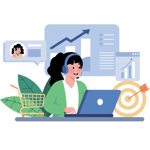Agente de ventas en línea gestionando clientes y objetivos de marketing digital