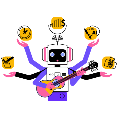 Robot multitarea con varios brazos gestionando reloj, finanzas, IA, cámara y checklist; metáfora de Automatización total de tareas en AdsVentas.com.