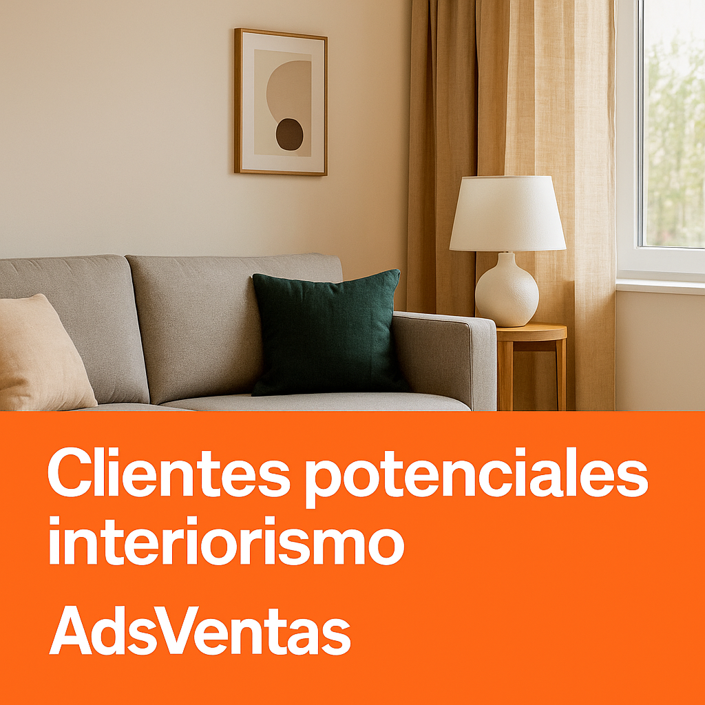 Salón moderno con decoración minimalista y sofá gris, representando la captación de clientes potenciales para empresas de interiorismo gestionadas por AdsVentas.